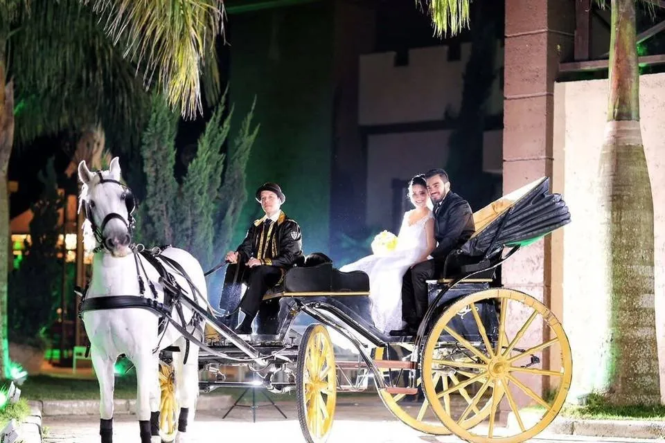 Casal de noivos na carruagem Victoria puxada por cavalo branco, com cocheiro, à noite